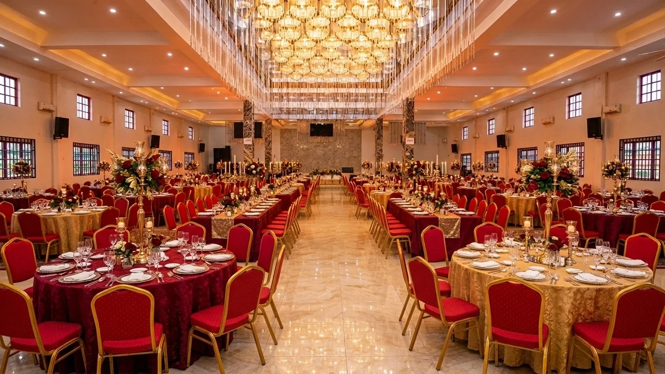 Wedding reception hall at Success Center decorated with gold and white details